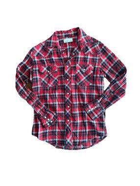 Wrangler Wrancher L Pearl Snap Shirt Plaid Flannel Red Western
